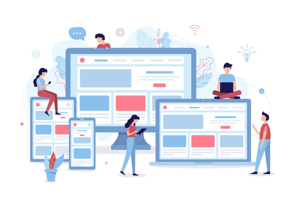 Digital illustration of worldwide web and online users using smartphones, laptops, computers, and tablets.