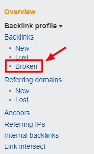 AHREFs broken backlinks menu option