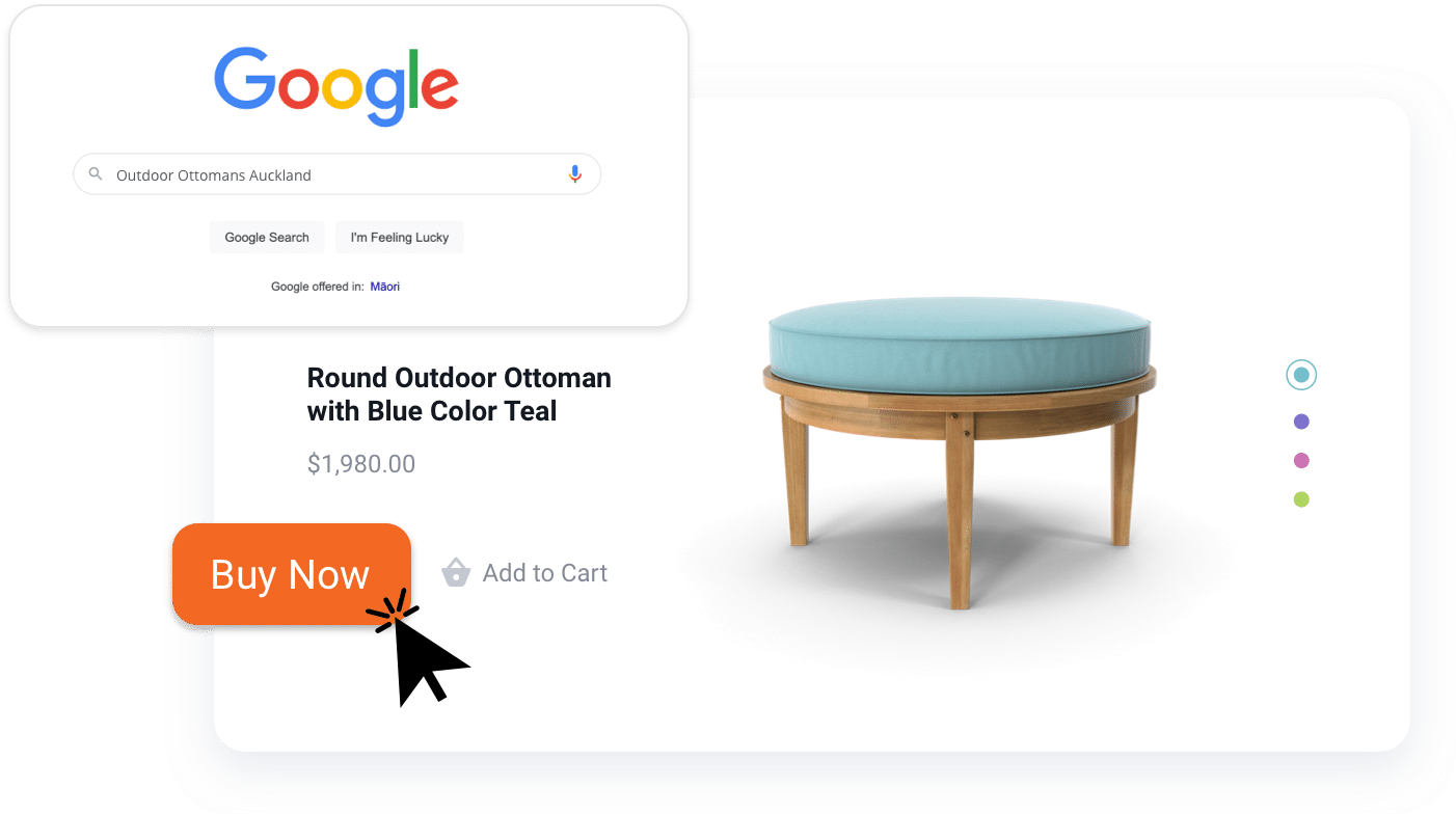 A "Buy Now" button being clicked on the photo of an ottoman.