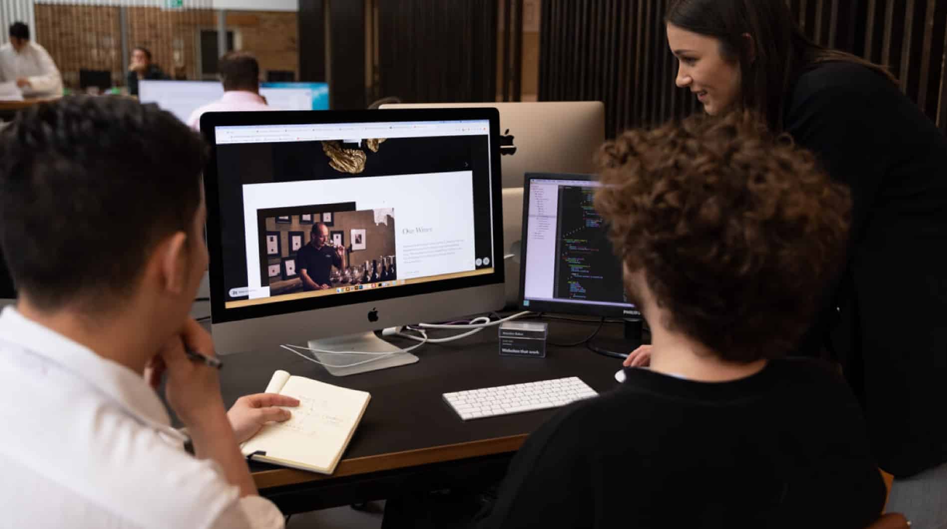 Mantis employees reviewing a newly designed website.