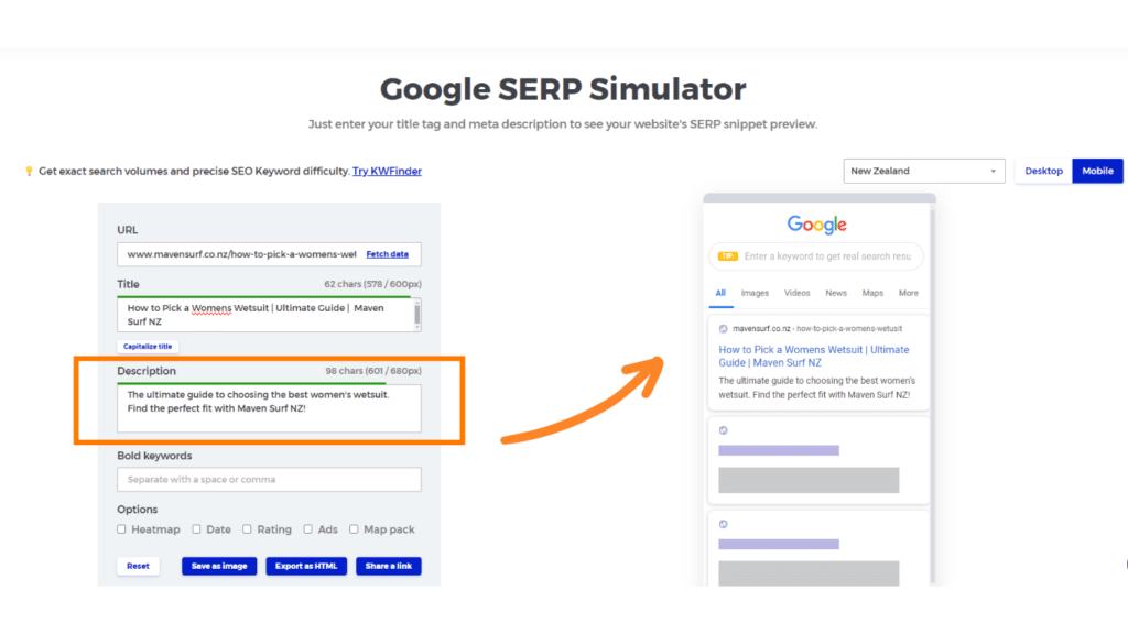 Screenshot of a webpage showing a search engine results page (SERP) preview for the website "mavensurf.co.nz". The preview is generated by the "Google SERP Simulator" tool.