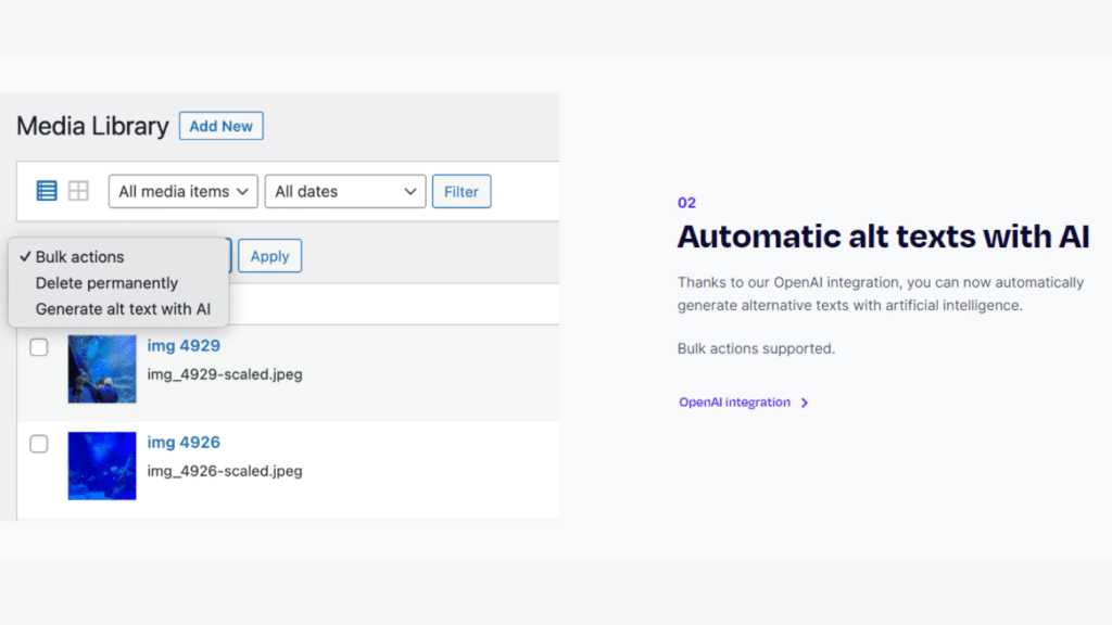 SEOPress interface for creating alt text descriptions for images with the help of AI.
