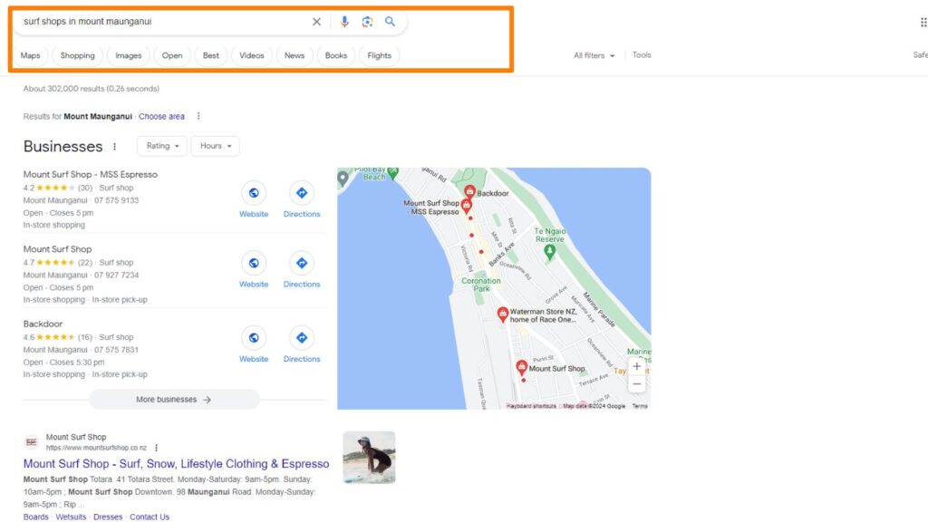 A screenshot of a Google Maps listing for surf shops in Mount Maunganui, New Zealand. The map shows the location of three surf shops, along with their names, ratings, hours of operation, and contact information.