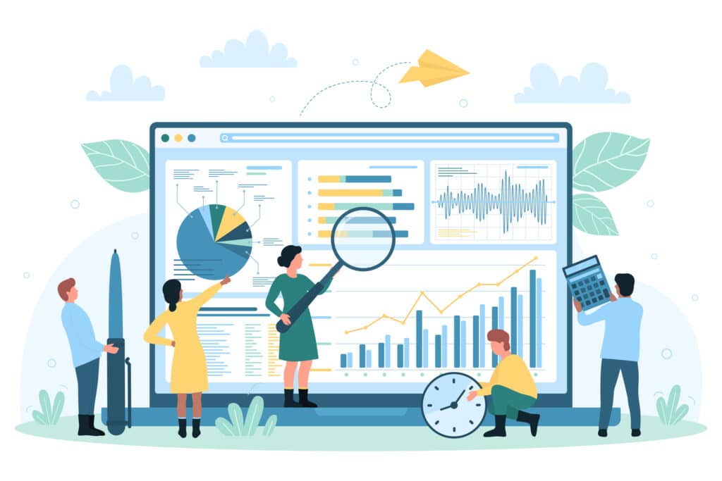 Digital illustration of data monitoring and analysis on desktop.