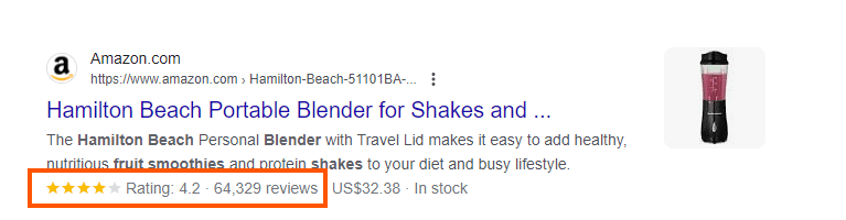 Preview of seller rating for Amazon Google Ad.